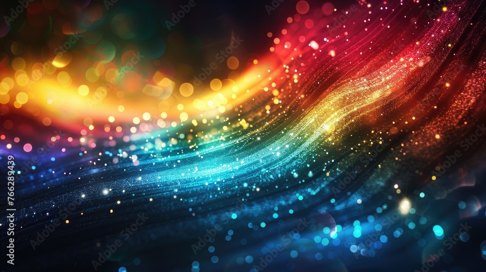 Poster a colorful abstract background with rainbow colored swirls of sparkles on a dark background