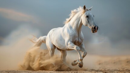 White Horse Galloping in Sand Dunes