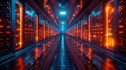 Fototapeta na wymiar A row of server racks fills a brightly lit data center tunnel