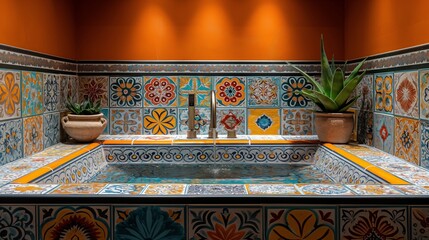 Moroccan-style bath with colorful painting in a light white bathtub