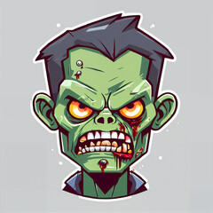 This colorful, cartoonish zombie wears a bowtie and a suit. Its green skin contrasts with its red hair and yellow eyes. The expressive face features drooling and a heart-shaped mouth. 