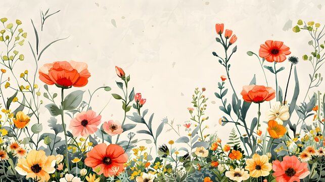 Floral and botanical background, Abstract pattern with spring flowers on a cream background