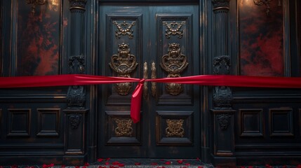 red ribbon is stretched in front of the expensive door