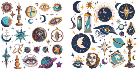 Skull, lotus and evil eye magical symbols, magic occult cards illustration set - obrazy, fototapety, plakaty