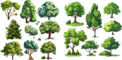Nature forest and park green trees vector illustration set - obrazy, fototapety, plakaty