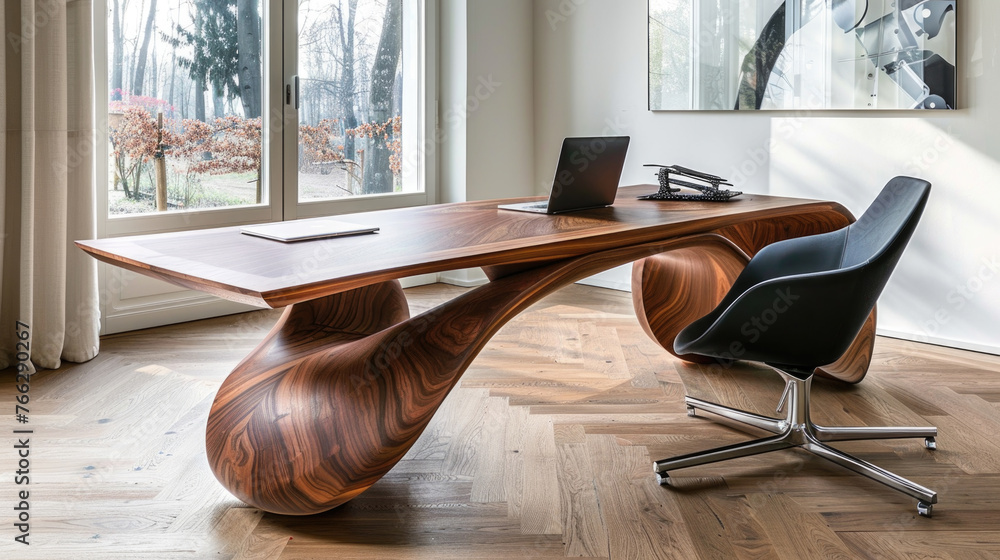 Poster a laptop sits on top of a wooden desk in a simple and functional workspace setup