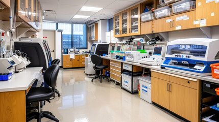 Lab packed with various equipment and numerous drawers, showcasing a working environment with tools and storage solutions