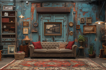 A living room featuring a couch and a rug vintage