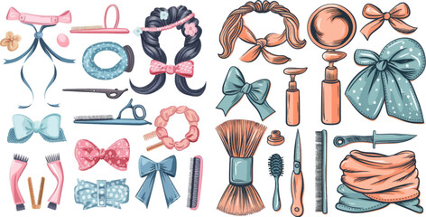 Women hairdressing tools vector illustration set - obrazy, fototapety, plakaty