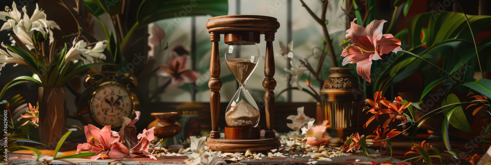 Poster a clock rests on a table next to a bouquet of flowers, showcasing a simple yet elegant display