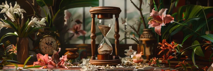 Fototapeten A clock rests on a table next to a bouquet of flowers, showcasing a simple yet elegant display © sommersby