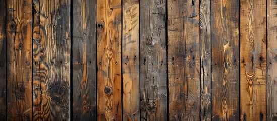 A detailed shot of a brown hardwood fence made of wooden planks with a unique pattern. The wood stain and varnish enhance the natural beauty of the lumber