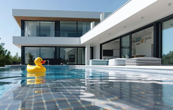 A photo of the pool outside an open plan villa in Bali with large windows and glass doors, featuring modern furniture inside. A yellow rubber duck float is floating on top of it