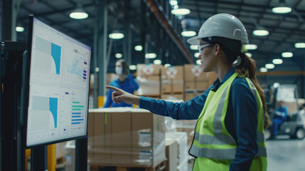 A warehouse worker in safety gear and hard hat is pointing at the screen of her computer, which displays graphs showing data