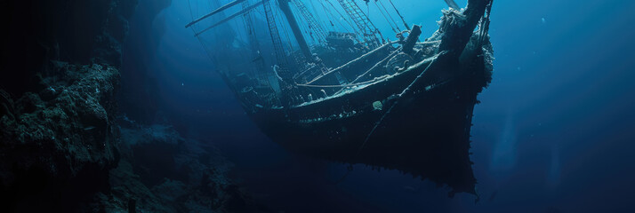 A shipwreck lies on the seabed, surrounded by the vast blue of the underwater world, inviting exploration by scuba divers - obrazy, fototapety, plakaty