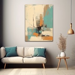 Abstract painting. Beige turquoise Color graphics and collage. Painting in the interior. A modern poster