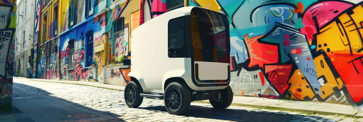 Self-driving delivery van maneuvers through an urban alley adorned with colorful street art,...