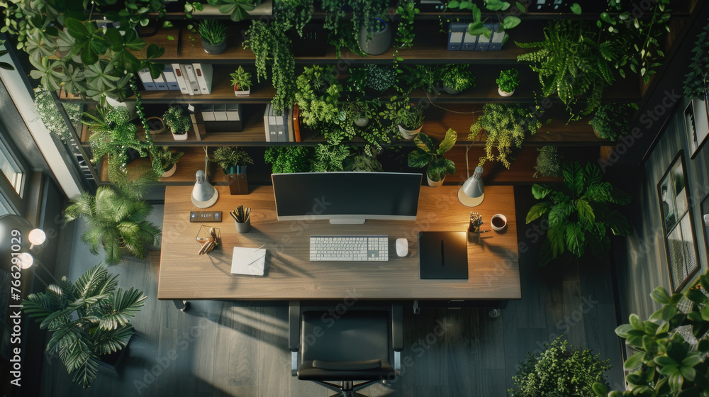 Poster a desk in a room with a computer at the center, surrounded by various green plants, creating a refre