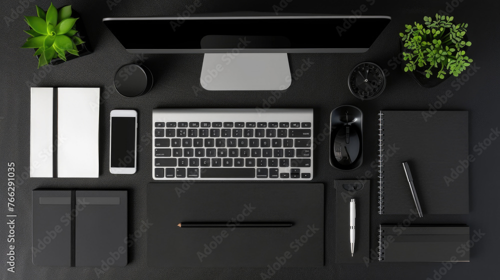 Poster a desktop computer is positioned on top of a desk in a room