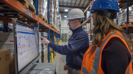 A warehouse worker in safety gear and hard hat is pointing at the screen of her computer, which displays graphs showing data