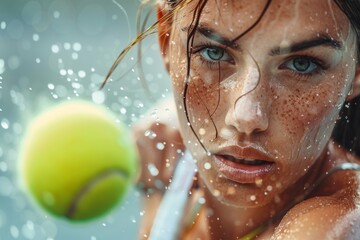 a closeup of a American female tennis player smashing a tennis ball