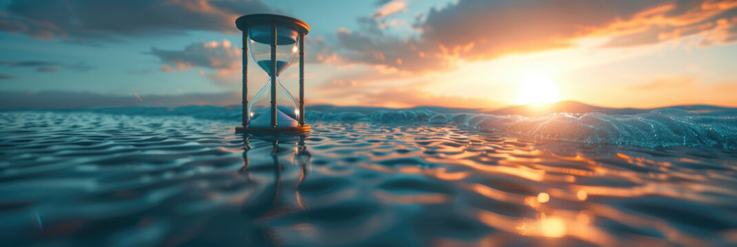 An hourglass resting on top of a body of water, the sand slowly trickling down as time passes