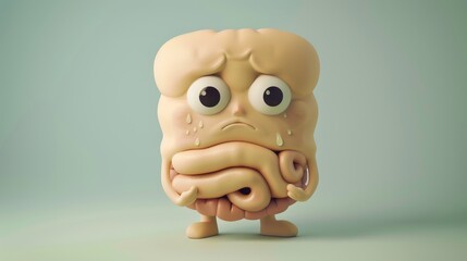 Cartoon illustration of a sad abstract gut with a disease.
