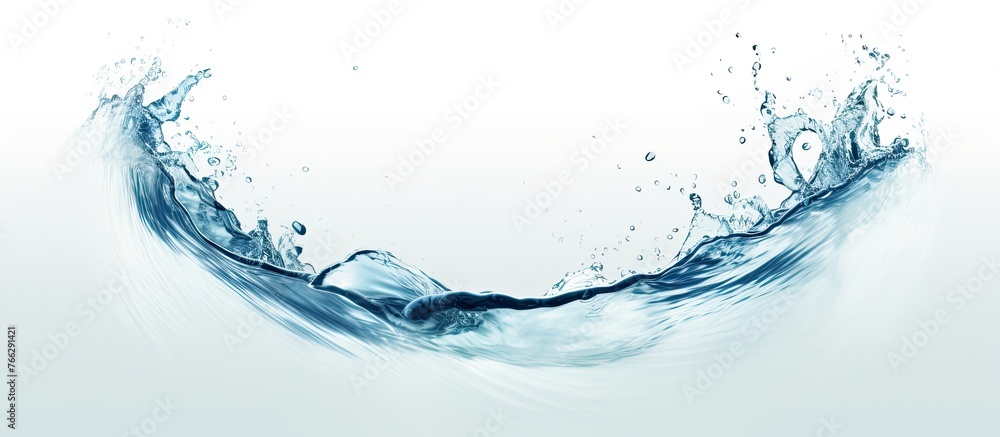 Poster clear water splashes creating patterns on a clean white background, simple and minimalistic