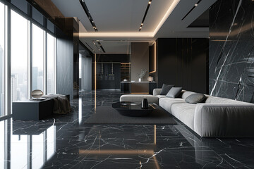 Luxury new apartment in black marble finish with large floor to ceiling windows offering panoramic views Generative AI