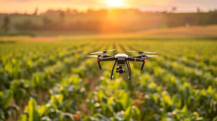 A drone flying over a lush green agricultural field, equipped with various sensors and cameras to be used in precision agriculture. High technology innovations and smart farming. - obrazy, fototapety, plakaty