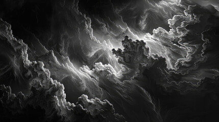 Monochromatic clouds fill the sky in this black and white scene