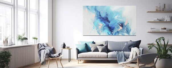 Abstract painting. Cyan indigo Color graphics and collage. Painting in the interior. A modern poster.