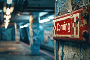 Coming sign alerts passengers of an approaching train on a graffiti-adorned subway platform