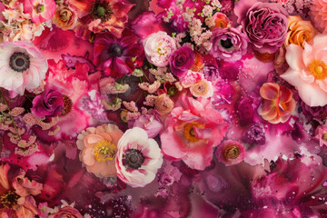 A variety of vibrant flowers are displayed on a wall, adding a pop of color and beauty to the space