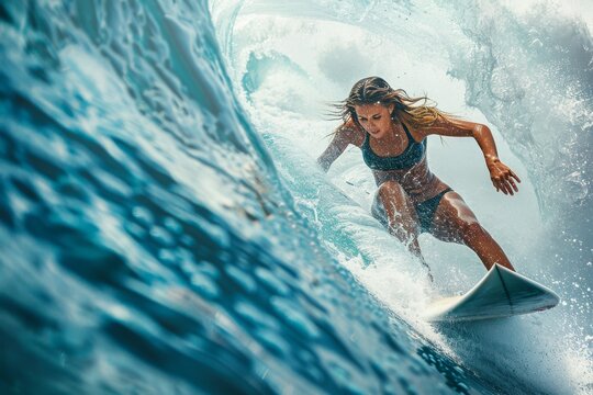 Female enjoying summer fun Surfer riding a wave in the ocean