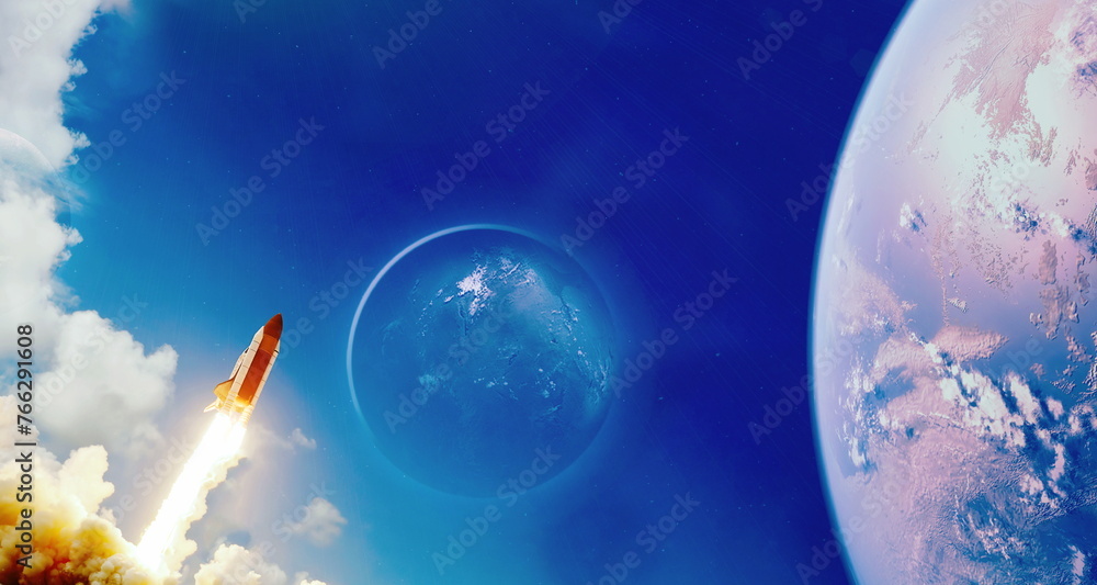 Wall mural rockets launch into space on the starry sky. spacecraft flies into space with clouds of smoke. eleme
