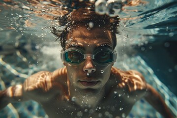 A Male swimming in underwater with goggles - obrazy, fototapety, plakaty