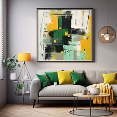 Abstract painting. Green yellow Color graphics and collage. Painting in the interior. A modern poster.