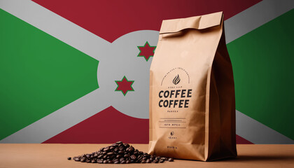 Burundi flag sticking in roasted coffee beans. The concept of export and import of coffee