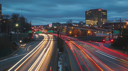 Obraz premium Cityscape at night with bustling traffic and illuminated buildings, capturing the energy of urban life.