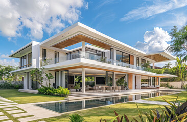 Fototapeta na wymiar A wide angle photo of the front view of an elegant minimalist Balinese villa with a pool and beautiful green lawn, white walls, light wood accents, and tropical plants