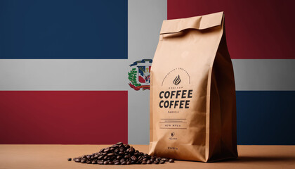 Dominican Republic flag sticking in roasted coffee beans. The concept of export and import of coffee