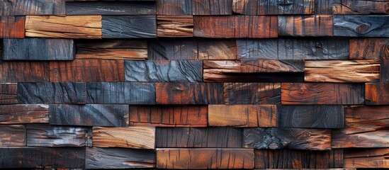 A detailed shot of a hardwood wall constructed with wooden blocks, resembling brickwork. The facade showcases the beauty of natural wood as a building material