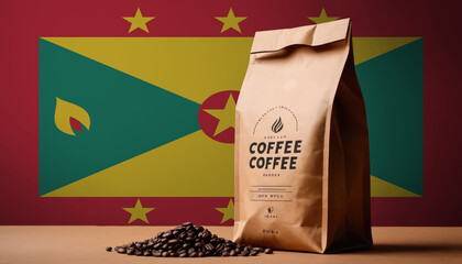 Grenada flag sticking in roasted coffee beans. The concept of export and import of coffee