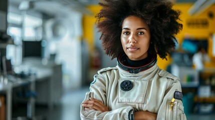 Woman in Space Suit With Arms Crossed - obrazy, fototapety, plakaty