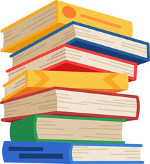 High book stacks or pile. Library textbooks and school literature heaps, dictionaries. Bookstore advertise. Cartoon stacked books angle view with different colorful covers isolated on white