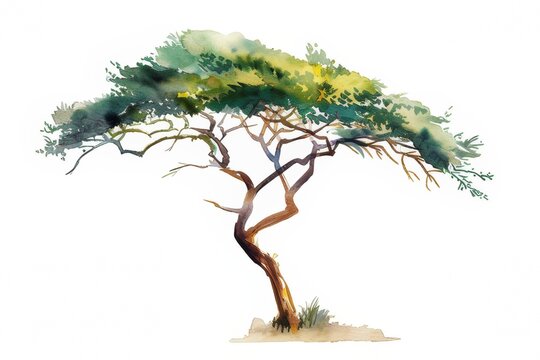 A watercolor collage depicting safari trees against a solid white background.