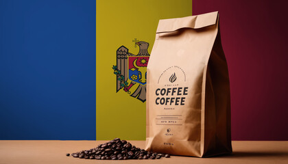 Moldova flag sticking in roasted coffee beans. The concept of export and import of coffee