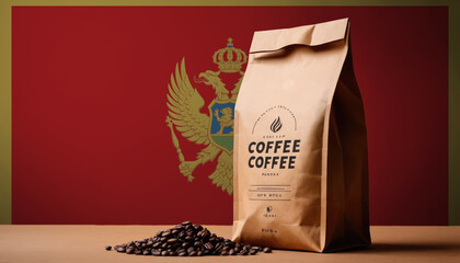 Montenegro flag sticking in roasted coffee beans. The concept of export and import of coffee