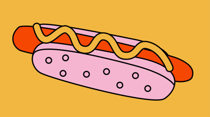 Hot dog with mustard on a yellow background. Cartoon vector illustration for fast food concept. Design for menu, poster, food blog